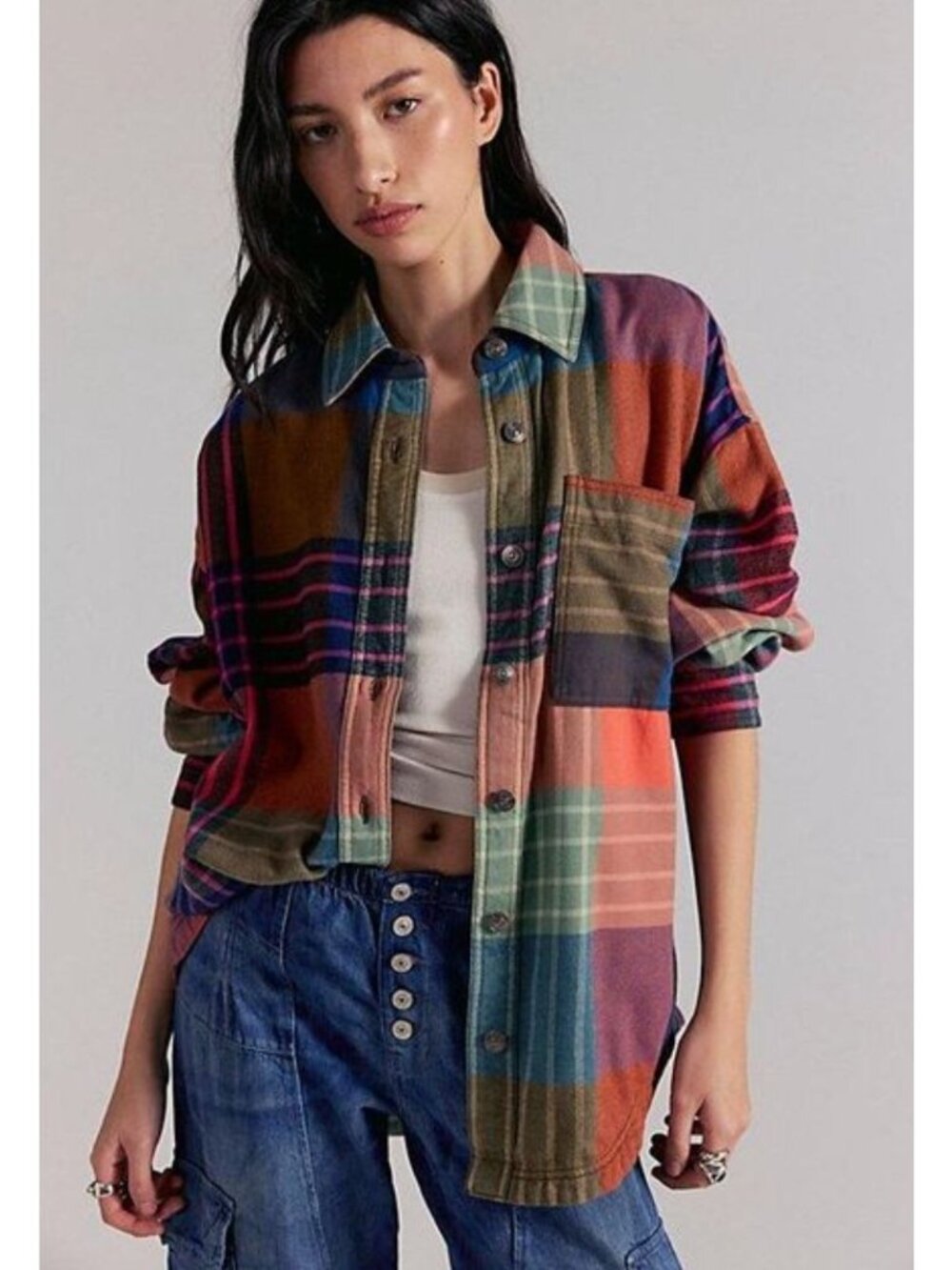 We The Free People Summer Patchwork Plaid Flannel Shirt size Small Oversized